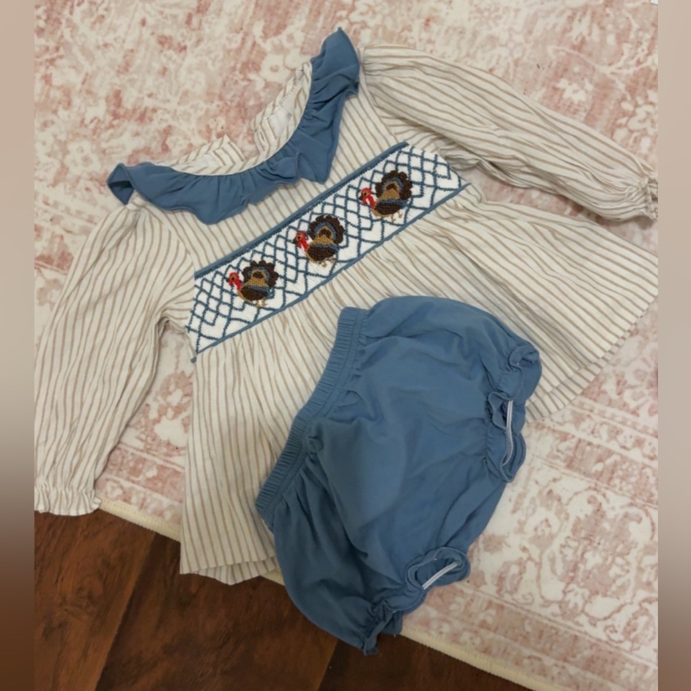 Blue & Cream Striped Smocked Baby Matching Set